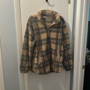 Pink Lily Fluffy Khaki & Black Plaid Quarter Zip Fleece with Pockets. Size XL